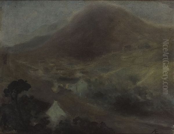 Night Scene With Cottages At Base Of A Mountain Oil Painting by George William Russell