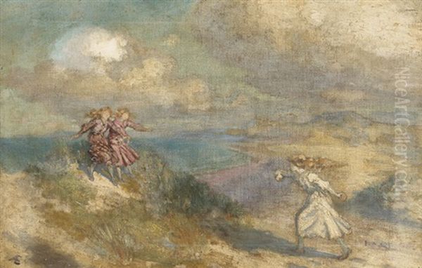 Three Girls Playing In The Sand Dunes Oil Painting by George William Russell