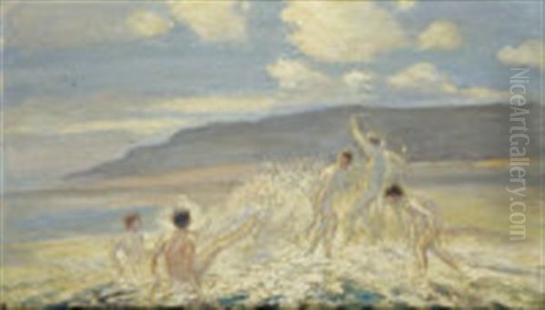 Boys Frolicking On A Beach Oil Painting by George William Russell