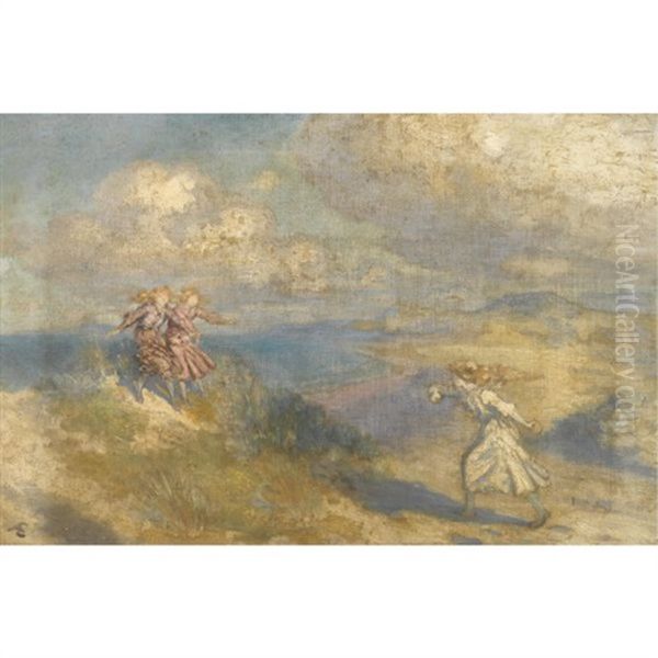 Three Girls Playing In The Dunes Oil Painting by George William Russell