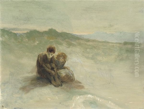 Children On A Beach Oil Painting by George William Russell