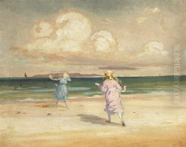 Two Girls Playing By The Seashore Oil Painting by George William Russell