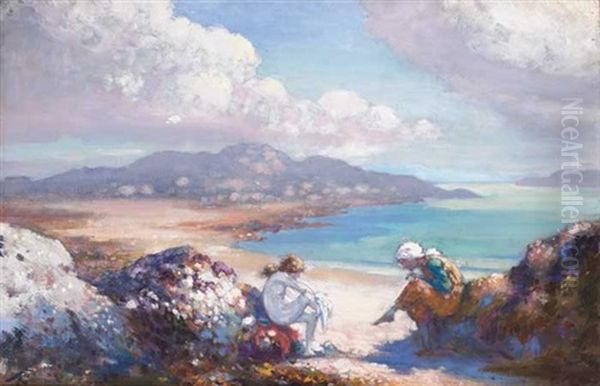 Young Girls Sitting Upon Rocks With A Harbour And Headlands In The Distance Oil Painting by George William Russell