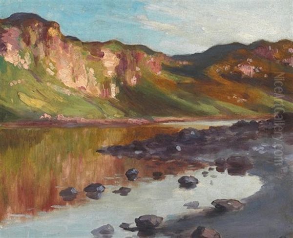 Lake Shoreline With Hills Reflected In Water Oil Painting by George William Russell