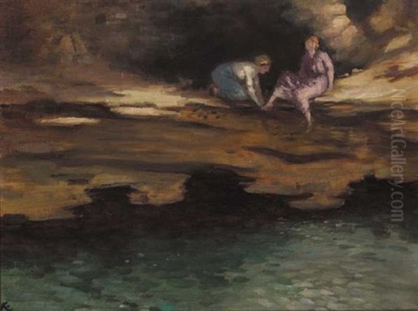 Two Women On A Rock Ledge Above A Pool Oil Painting by George William Russell