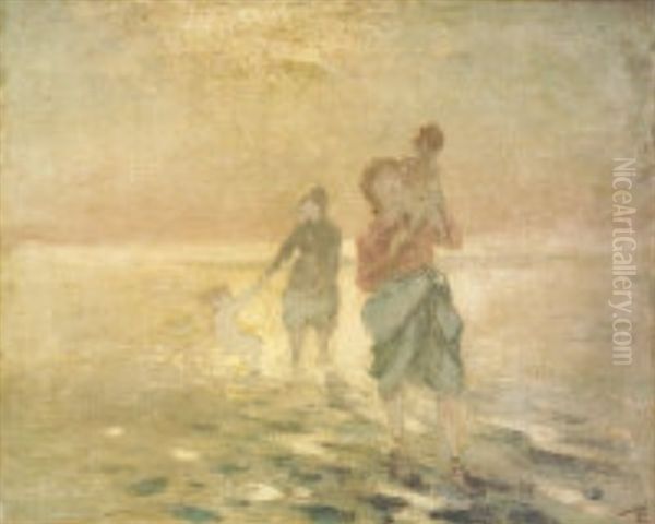Women And Children Paddling Oil Painting by George William Russell