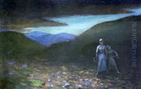 Evening Landscape With Figures (donegal) Oil Painting by George William Russell