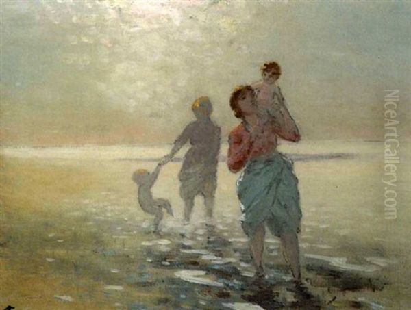 Women And Children Paddling Oil Painting by George William Russell