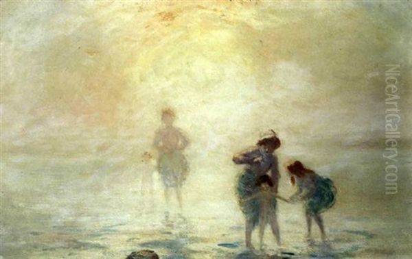 Women And Children Paddling Oil Painting by George William Russell