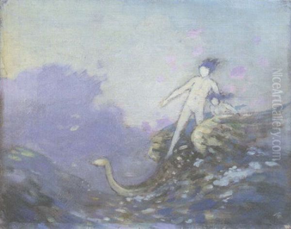 Sea Monster With Figures Astride Oil Painting by George William Russell