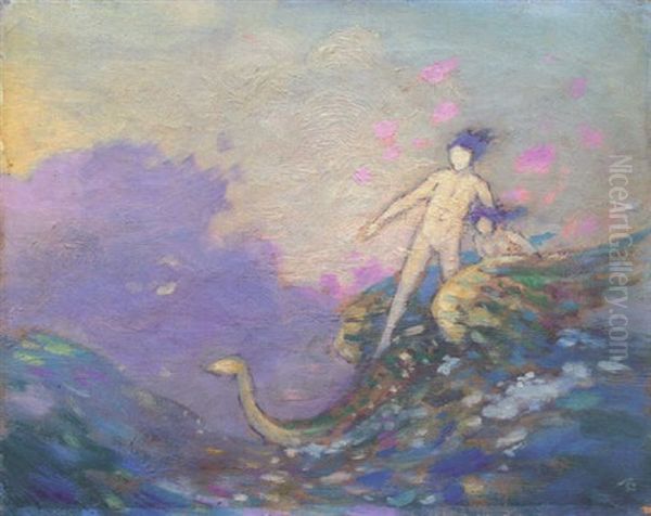 Sea Monster And Figures Astride Oil Painting by George William Russell