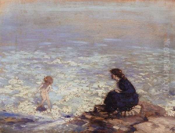 Mother And Child At The Water's Edge Oil Painting by George William Russell