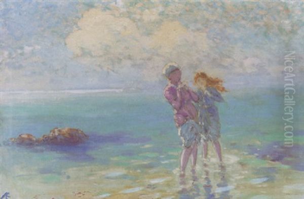 Two Girls Paddling In The Sea Oil Painting by George William Russell