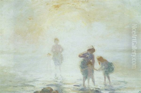 Setting Sun: Paddling In The Water's Edge Oil Painting by George William Russell