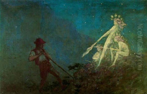 Lordly Ones Appearing To A Turf Cutter Oil Painting by George William Russell