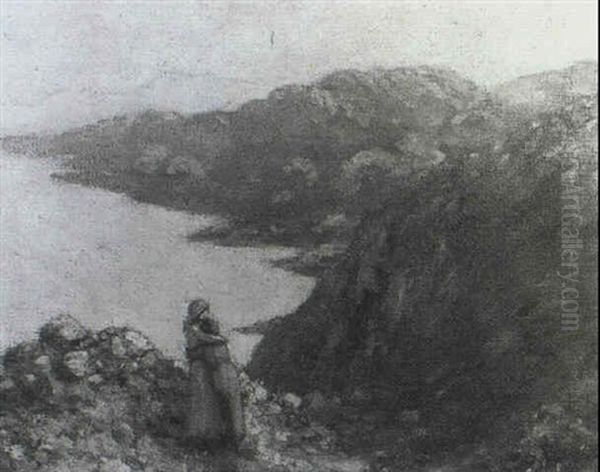 Two Figures Upon A Cliff With The Donegal Costline          Stretching Beyond Oil Painting by George William Russell