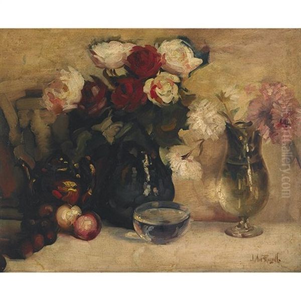 Still Life With Vases Of Flowers And A Teapot Oil Painting by George Horne Russell