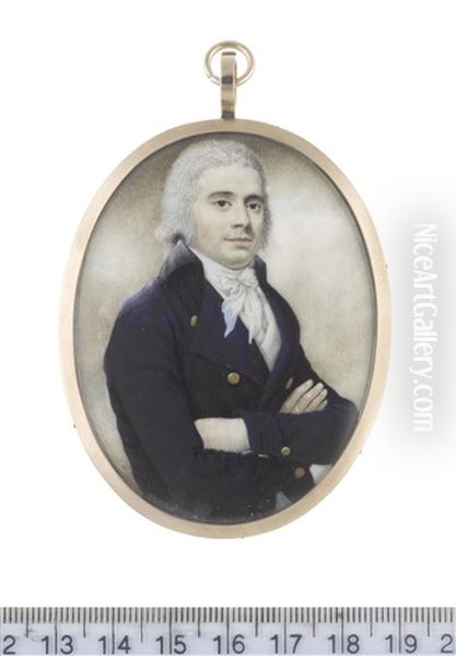 A Gentleman, His Arms Folded, Wearing Blue Coat With Black Collar, White Waistcoat, Chemise, Stock And Tied Cravat, His Hair Powdered Oil Painting by John Russell