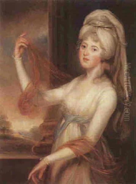 Portrait Of Sarah King, Three-quarter-length, Standing By A Column, With A Landscape Beyond Oil Painting by John Russell