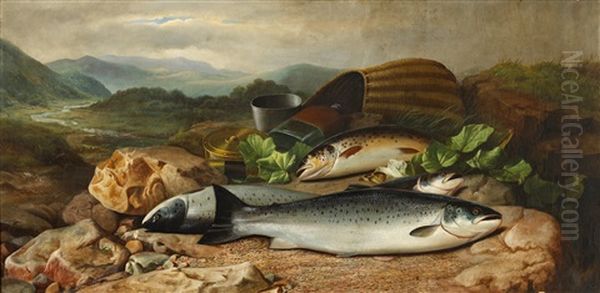 The Day's Catch, With Basket, Reel And Flask On A River Bank Oil Painting by John Bucknell Russell