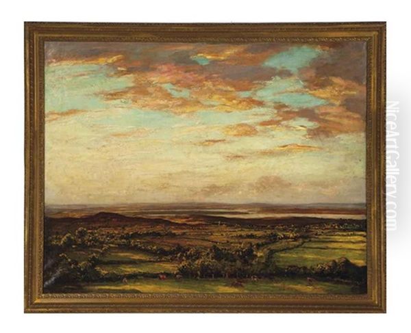 A Panoramic Landscape With Cows In The Foreground Oil Painting by Walter Westley Russell