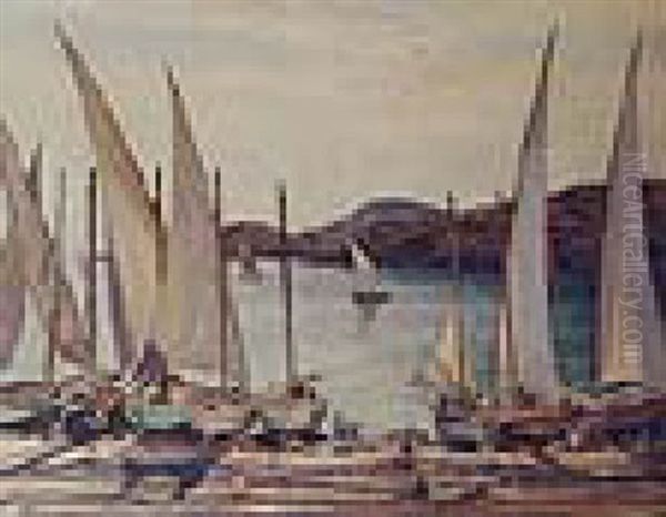 Fishing Boats In A Sunlit Harbour Oil Painting by Walter Westley Russell