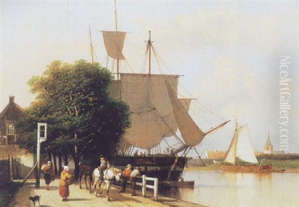 Figures On A Quay By A Moored Threemast Oil Painting by Johan Adolph Rust