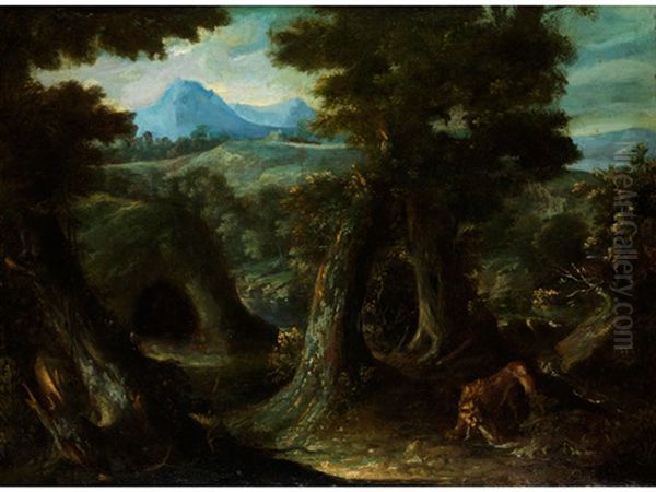 Waldlandschaft Mit Lowe Oil Painting by Carl Borromaus Andreas Ruthart