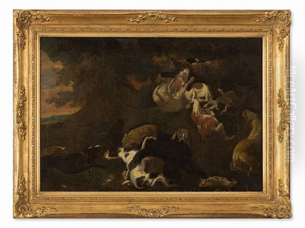 Hounds Hunt Bears Oil Painting by Carl Borromaus Andreas Ruthart