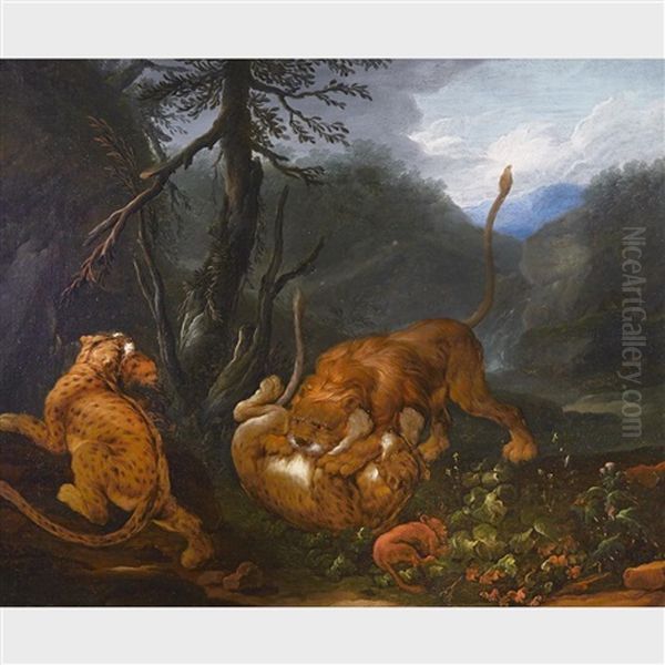 Lowen Beschutzen Ihre Kleinen Vor Einem Angriff (lions Protecting Their Young) Oil Painting by Carl Borromaus Andreas Ruthart