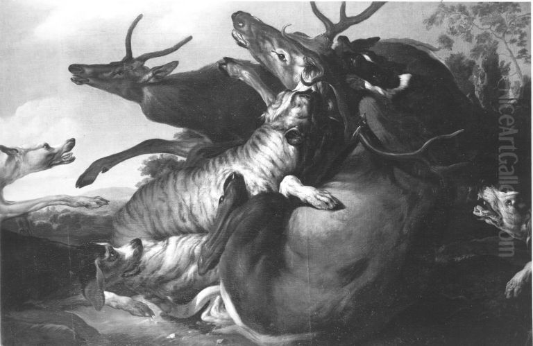 Hirschjagd Oil Painting by Carl Borromaus Andreas Ruthart