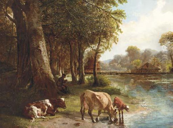 Cows Watering By The Rivers Edge Oil Painting by John William Bottomley