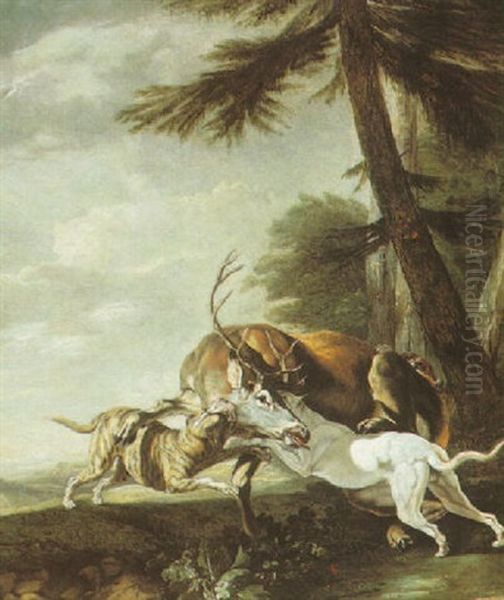 Hounds Bringing Down A Stag In A Landscape Oil Painting by Carl Borromaus Andreas Ruthart