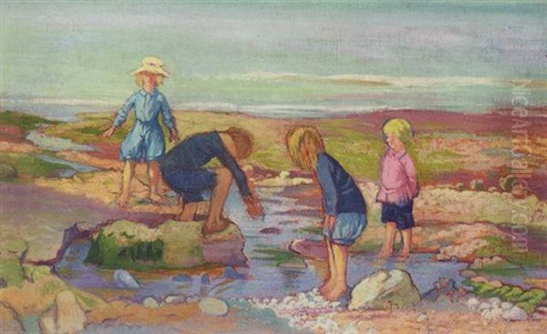 The Rothstein Children (john, Rachel, Betty, Billy) At Vaucottes-sur-mer Oil Painting by Albert Rutherston