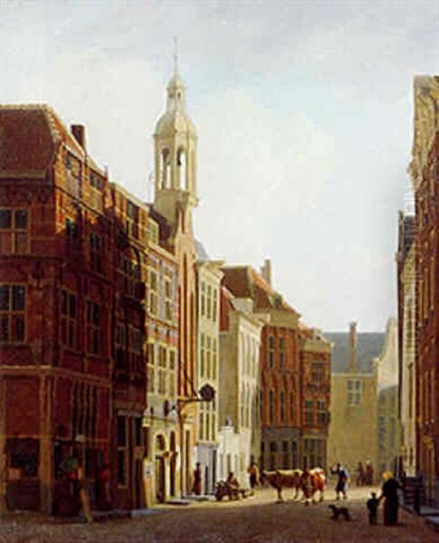 A View Of The Wijnstraat With The Wijnkoperskapel, Dordrecht Oil Painting by Johannes Rutten
