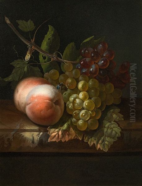 Still Life With Grapes, Peaches And A Fly Oil Painting by Rachel Ruysch