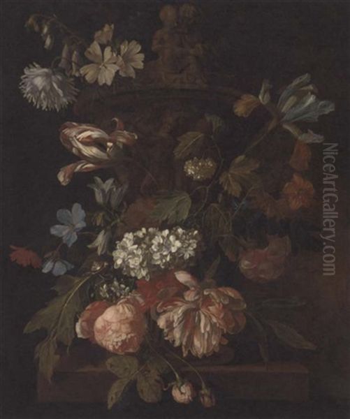 Roses, A Parrot Tulip, Morning Glory, Narcissi And Other Flowers With A Snail, Around A Stone Urn On A Ledge Oil Painting by Rachel Ruysch