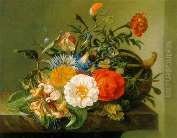 A Bouquet Of Marigolds, Daisies, Poppy Anemones, Honeysuckle Sweet Peas And Morning Glories With A Melon On A Ledge Oil Painting by Rachel Ruysch