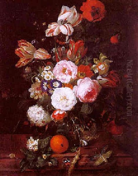 Roses, Tulips And Other Flowers In A Glass Vase With An Orange, Butterflies And A Dragon Fly On A Marble Ledge Oil Painting by Rachel Ruysch