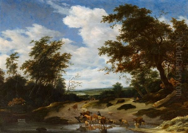 Landscape With A Herd Of Cows Oil Painting by Jacob Salomonsz van Ruysdael