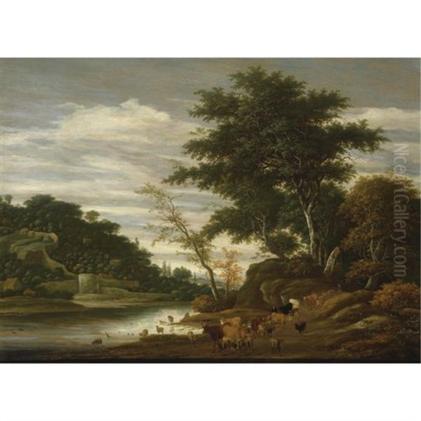 A River Landscape With Cattle Oil Painting by Jacob Salomonsz van Ruysdael