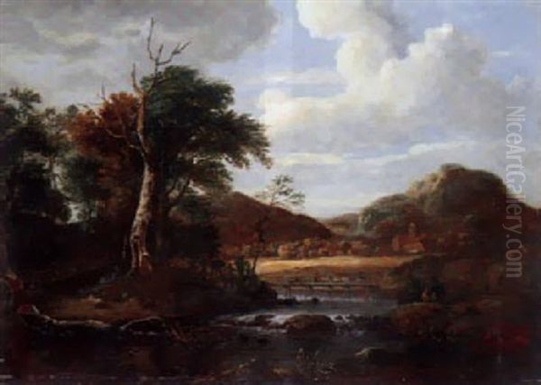Baumreiche Landschat Mit Flus, Hirten Und Schafen, Ein Dorf Im Hintergrund Oil Painting by Jacob Salomonsz van Ruysdael