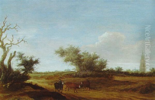 A Landscape With A Shepherd And Cattle On A Path, Haarlem Beyond Oil Painting by Jacob Salomonsz van Ruysdael