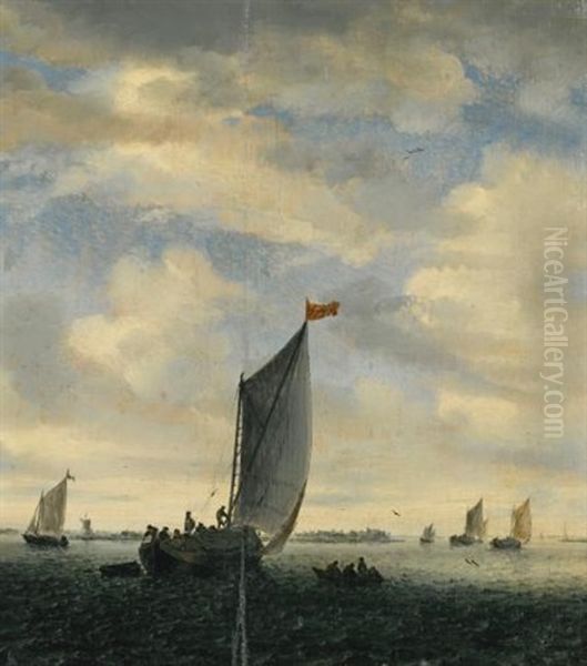 An Estuary Scene With Smalschips On A Broad Reach Before A Gentle Breeze Oil Painting by Salomon van Ruysdael