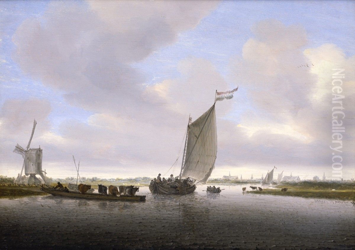 Flusslandschaft Mit Fahre Und Einem Mit Vieh Beladenem Boot Oil Painting by Salomon van Ruysdael