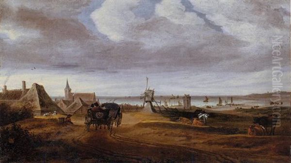 A Coastal Landscape With Carriages On A Track Approaching A Village, Boats And Figures On The Strand Beyond Oil Painting by Salomon van Ruysdael