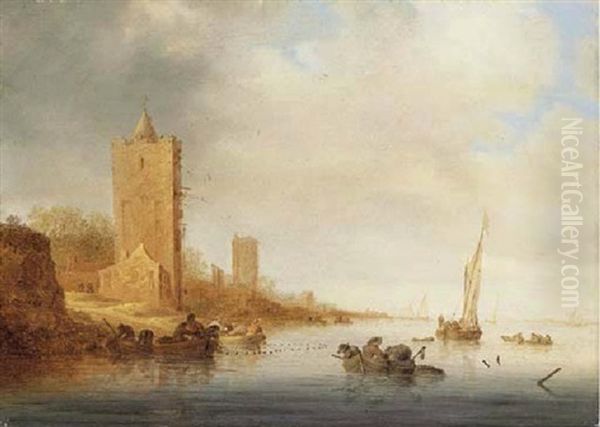 A River Landscape With Fishermen Laying Out Nets And Pots, A Watchtower And Other Buildings On The Bank Beyond Oil Painting by Salomon van Ruysdael