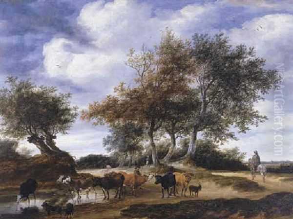 A Wooded Landscape With Herdsman Watering Cattle, A Roier On Sandy Path Nearby Oil Painting by Salomon van Ruysdael