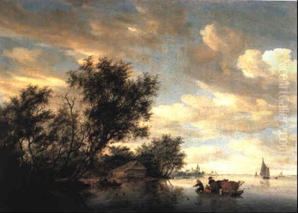 A River Landscape With Peasants And Cattle On A Ferry Oil Painting by Salomon van Ruysdael