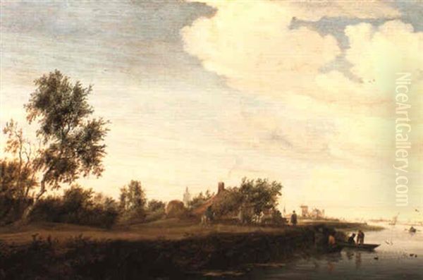 A River Landscape With Riders And A Coach On The Towpath Oil Painting by Salomon van Ruysdael
